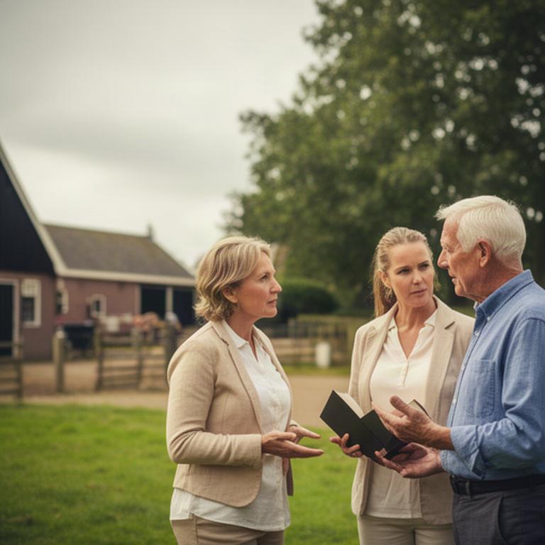 Familieleden bespreken de toekomst van hun bedrijf op een groen boerenerf in Gelderland
