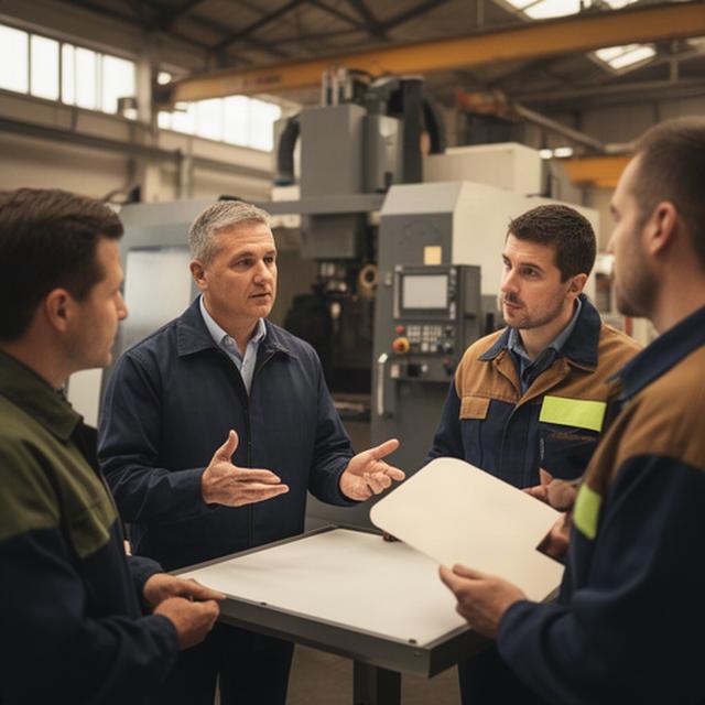 Bedrijfsleider bespreekt een productieplanning met medewerkers op de fabrieksvloer
