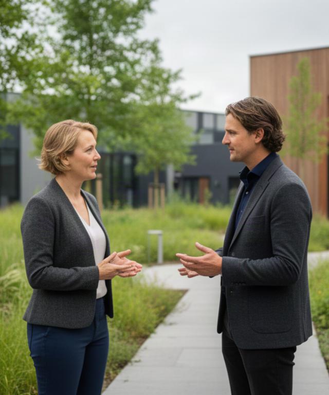 Strategisch bedrijfsadviseur in gesprek met een ondernemer op een groen bedrijventerrein bij Lochem