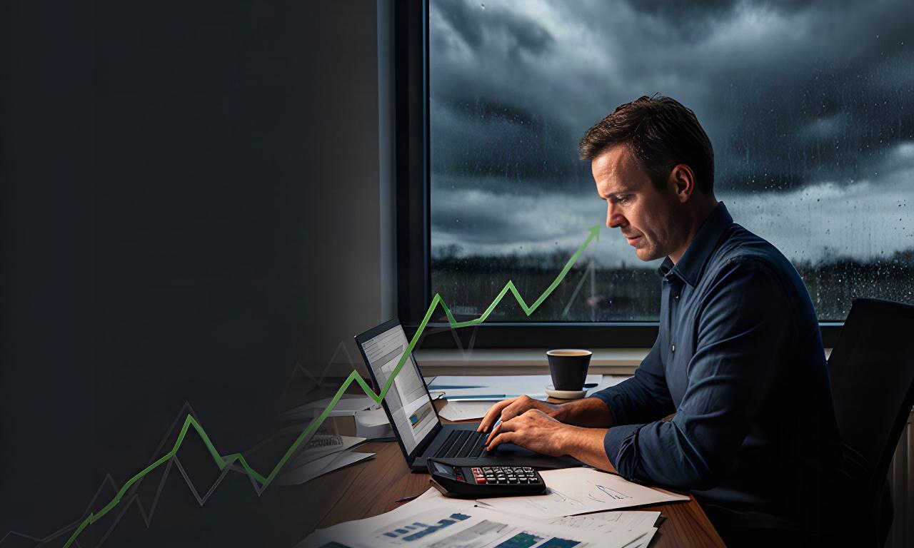 Ondernemer aan een bureau met financiële grafieken tijdens een donkere stormachtige ochtend