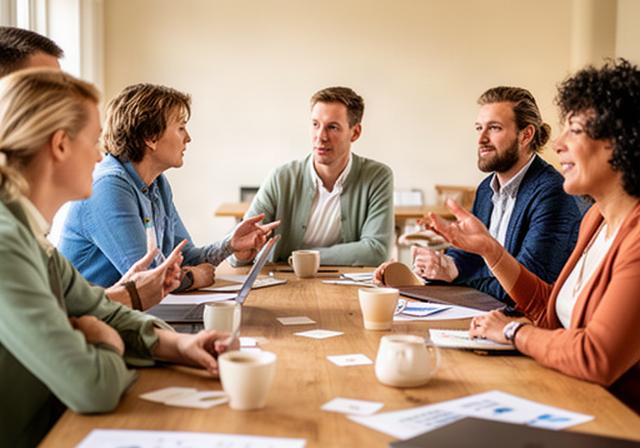 Groep zelfstandige professionals overlegt aan een lange tafel tijdens een zakelijke netwerkbijeenkomst in de Achterhoek