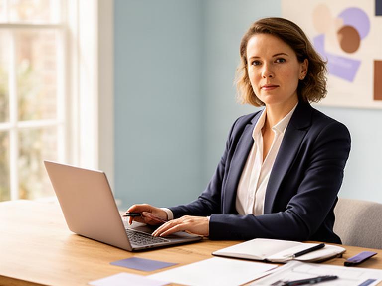 Zelfstandige zakelijke dienstverlener aan een houten bureau in een lichte studio met laptop, notitieboek en klantplanning